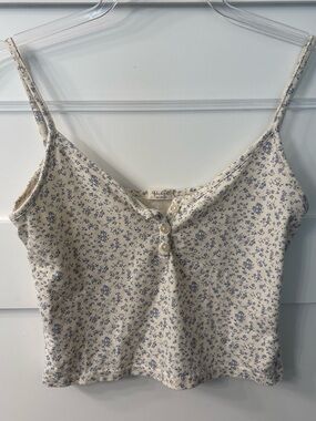 Brandy Melville Cotton Cream Cropped Cami with Blue Floral Print